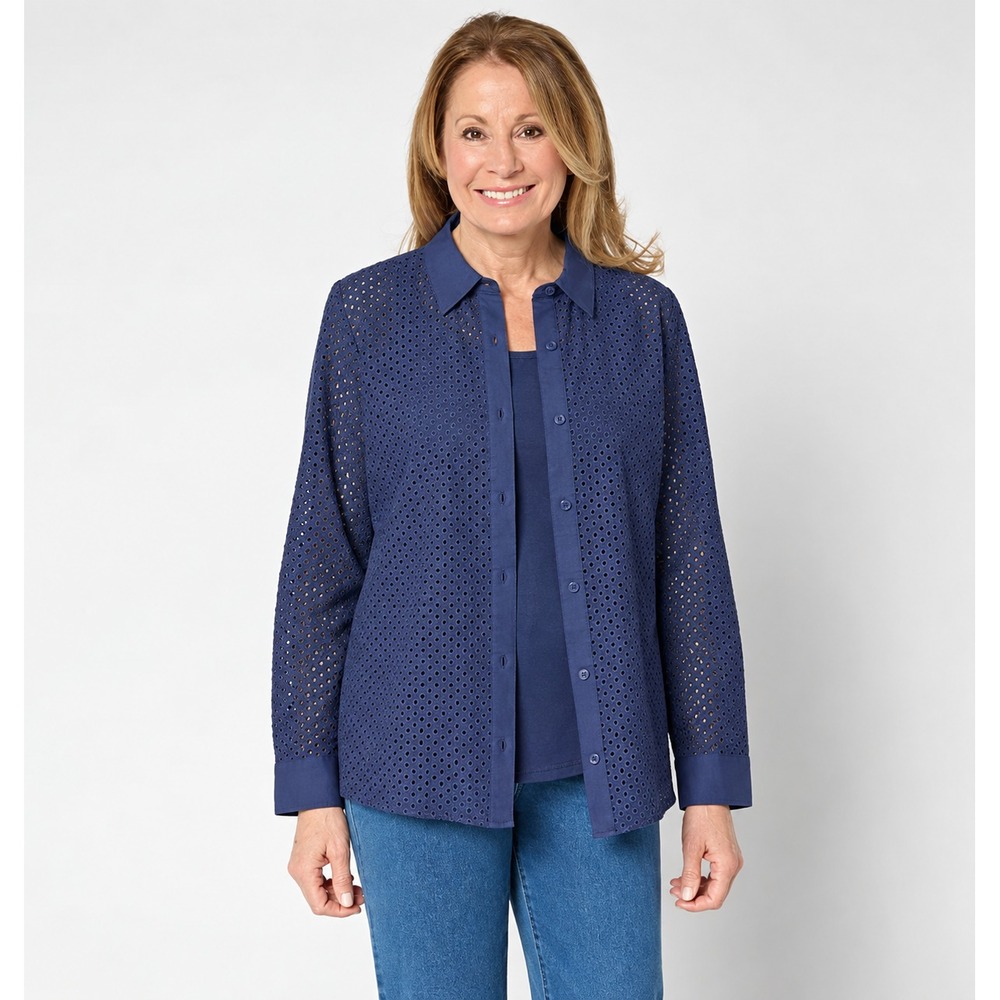 Denim & Co. Cotton Button Front Eyelet Shirt and Tank Set Navy, Small